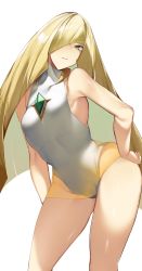 Rule 34 | 1girl, bare shoulders, blonde hair, breasts, cameltoe, creatures (company), game freak, green eyes, hair over one eye, hand on own hip, highres, leotard, light smile, long hair, looking at viewer, lusamine (pokemon), nintendo, pokemon, pokemon sm, see-through, simple background, sleeveless, smile, solo, turtleneck, very long hair, white background, wide hips, yuuyuu (yuuki1771)