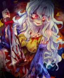 Rule 34 | 2wa7, blood, bow, bowtie, curly hair, dress, highres, knife, leaves, long hair, multicolored clothes, red eyes, sakata nemuno, touhou, tree, white hair