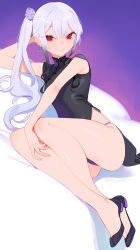 Rule 34 | 1girl, arm behind head, bare arms, beijuu, black dress, black footwear, blush, china dress, chinese clothes, dress, earrings, fingernails, grey hair, highres, jewelry, long fingernails, long hair, looking at viewer, lying, nail polish, on side, original, panties, parted lips, purple nails, purple panties, red eyes, shoes, side ponytail, solo, thighs, underwear