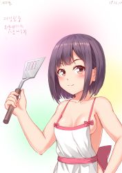 Rule 34 | 1girl, apron, bad id, bad pixiv id, blush, breasts, brown eyes, brown hair, cleavage, dated, highres, kemo (pokka), naked apron, original, short hair, simple background, small breasts, smile, solo, spatula, standing, upper body