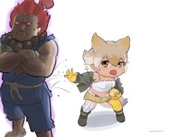 Rule 34 | 1boy, 1girl, absurdres, akuma (street fighter), beleven, belt, boots, brown hair, camisole, coyote (kemono friends), crossover, dougi, gloves, highres, jacket, kemono friends, kemono friends v project, navel, red eyes, red hair, setsubun, short hair, skirt, street fighter, thighhighs, virtual youtuber, yellow eyes