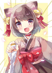 Rule 34 | 1girl, :d, animal ear fluff, animal ears, beige background, bell, black skirt, blush, bow, brown eyes, brown hair, brown kimono, cat ears, commentary request, emphasis lines, fang, hair bell, hair ornament, hair ribbon, holding, holding mahjong tile, ichihime, japanese clothes, jingle bell, kimono, kuriyuzu kuryuu, long sleeves, looking at viewer, mahjong, mahjong soul, mahjong tile, obi, open mouth, pleated skirt, red bow, red ribbon, ribbon, sash, short hair, skirt, smile, solo, two-tone background, white background, wide sleeves
