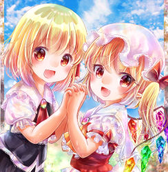 Rule 34 | 2girls, absurdres, ascot, black shirt, black skirt, blonde hair, blue sky, bow, brown eyes, cloud, day, flandre scarlet, frilled neckwear, hair bow, hat, highres, holding hands, looking at viewer, momonashi potato, multiple girls, outdoors, pleated skirt, pointy ears, red ascot, red bow, red eyes, red shirt, rumia, shirt, short hair, short sleeves, side ponytail, skirt, sky, slit pupils, touhou, upper body, white headwear, white shirt, white sleeves, wing collar, wings, yellow ascot
