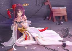 Rule 34 | 1girl, chained wrists, cleave gag, cloth gag, crying, crying with eyes open, dress, dungeon, dungeon and fighter, female priest (dungeon and fighter), flower, gag, gagged, hair flower, hair ornament, hairpin, highres, improvised gag, japanese clothes, jzby, long hair, looking at viewer, miko, purple eyes, purple hair, restrained, shaman (dungeon and fighter), sleeveless, sleeveless dress, tears, thighhighs, white dress, white thighhighs