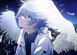 Rule 34 | 1boy, absurdres, angel wings, black shirt, blue eyes, blue hair, cityscape, commentary request, daifuku mame (kageroudt33), feathered wings, feathers, highres, hood, hooded jacket, jacket, light blue hair, looking up, male focus, night, night sky, open clothes, open jacket, original, outdoors, parted lips, shirt, short hair, sky, solo, star (sky), tearing up, upper body, white jacket, white wings, wings