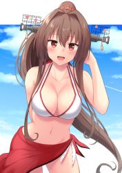 Rule 34 | 1girl, :d, akahi242, arm behind back, arm behind head, bare shoulders, bikini, blue sky, blush, breasts, brown hair, cleavage, cloud, collarbone, commentary request, flower, hair flower, hair ornament, highres, kantai collection, large breasts, leaning forward, long hair, looking at viewer, navel, open mouth, ponytail, red eyes, red sarong, sarong, side-tie bikini bottom, sky, smile, solo, swimsuit, very long hair, white bikini, yamato (kancolle)