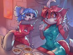 Rule 34 | 2girls, animated, animated gif, aqua eyes, blue hair, body fur, breast expansion, breasts, brown footwear, brown fur, bursting breasts, eating, food, furry, grimdevil, large breasts, medium hair, multiple girls, nipples, open mouth, panda, slideshow, tail, torn clothes