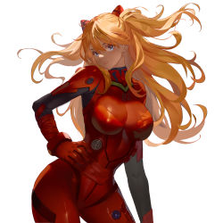 Rule 34 | 1girl, blue eyes, bodysuit, bracer, breasts, cowboy shot, floating hair, hairpods, hand on own hip, highres, interface headset, large breasts, long hair, neon genesis evangelion, orange hair, pilot suit, plugsuit, rebuild of evangelion, red bodysuit, shiny clothes, simple background, skin tight, solo, souryuu asuka langley, two side up, white background, wide hips, ying shi de xia yeji