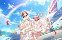 Rule 34 | 1girl, aircraft, airplane, aqua eyes, artist request, blue sky, blush, bouquet, bridal veil, bride, brown hair, cloud, collarbone, day, dress, elbow gloves, floral print, flower, gloves, holding, holding bouquet, idolmaster, idolmaster cinderella girls, idolmaster cinderella girls starlight stage, jewelry, kate (idolmaster), looking at viewer, necklace, official art, open mouth, outdoors, pearl necklace, petals, rainbow, sky, smile, solo, standing, strapless, strapless dress, sunlight, veil, wedding dress, white dress, white gloves