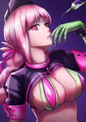 Rule 34 | 1girl, absurdres, artist request, bikini, breasts, fate/grand order, fate (series), florence nightingale (fate), florence nightingale (trick or treatment) (fate), gloves, green gloves, hat, highres, large breasts, latex, latex gloves, long hair, looking at viewer, nurse, nurse cap, official alternate costume, parted lips, pink hair, red eyes, rubber gloves, short sleeves, shrug (clothing), solo, suggestive fluid, swimsuit, syringe, upper body