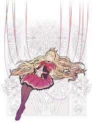 Rule 34 | 10s, 1girl, :o, art nouveau, black skirt, blonde hair, border, bow, cagliostro (granblue fantasy), closed eyes, frilled skirt, frills, gb hm, gradient background, granblue fantasy, hairband, interlocked fingers, long hair, lying, no shoes, on back, open mouth, own hands clasped, own hands together, red bow, red skirt, skirt, solo, string, thighhighs, zettai ryouiki