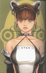 Rule 34 | 1girl, absurdres, bodysuit, breasts, brown hair, cable, collar, earrings, face, gloves, grey eyes, highres, jewelry, large breasts, lips, original, scan, skin tight, solo, tsukasa jun