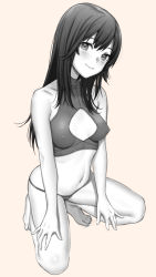 Rule 34 | 1girl, barefoot, bikini, blush, breasts, cleavage cutout, clothing cutout, commentary request, covered erect nipples, full body, greyscale, long hair, looking at viewer, medium breasts, monochrome, nipples, original, pink background, simple background, smile, solo, squatting, swimsuit, tsukimoto kizuki