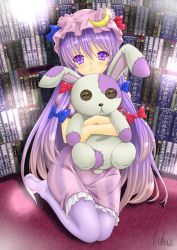 Rule 34 | 1girl, bad id, bad pixiv id, book, crescent, crescent moon, female focus, hat, highres, libus, long hair, moon, pantyhose, patchouli knowledge, purple eyes, purple hair, sion (pixiv), smile, solo, stuffed animal, stuffed rabbit, stuffed toy, touhou