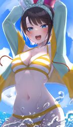 Rule 34 | 1girl, absurdres, arms up, backlighting, ball, beachball, bikini, black hair, blue eyes, blue jacket, blue sky, blush, breasts, carrying overhead, cleavage, cloud, cloudy sky, commentary, cowboy shot, day, highres, holding, holding ball, holding beachball, hololive, jacket, looking at viewer, medium breasts, multicolored clothes, multicolored jacket, navel, ocean, official alternate costume, oozora subaru, oozora subaru (hololive summer 2019), open clothes, open jacket, open mouth, outdoors, short hair, shumpi, sky, smile, solo, splashing, standing, stomach, striped bikini, striped clothes, swept bangs, swimsuit, two-sided fabric, two-sided jacket, two-tone jacket, virtual youtuber, wading, water drop, wet, yellow bikini, yellow jacket