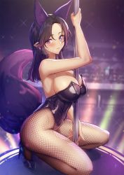 Rule 34 | 1girl, animal ear fluff, animal ears, arm up, armpits, bar (place), bare arms, bare shoulders, between breasts, black footwear, black hair, black leotard, blush, breasts, brown pantyhose, cleavage, closed mouth, covered navel, earrings, extra ears, fishnet pantyhose, fishnets, fox ears, fox girl, fox tail, from side, full body, heavy breathing, high heels, highres, indoors, jewelry, kneeling, large breasts, leotard, looking at viewer, looking to the side, multicolored hair, nontraditional playboy bunny, pantyhose, parted bangs, playboy bunny, pointy ears, pole, pole dancing, purple eyes, purple hair, solar (happymonk), squatting, strapless, strapless leotard, streaked hair, stripper pole, sweat, tail, two-tone hair