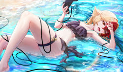 Rule 34 | 1girl, absurdres, alchemy stars, alternate costume, bikini, black bikini, blonde hair, cable, collarbone, commentary, controller, english commentary, fang, frilled bikini, frills, gronru (alchemy stars), hair intakes, highres, holding, holding controller, huge filesize, lens flare, long hair, looking at viewer, lying, multicolored hair, nareunx2, on back, open mouth, partially submerged, red hair, smile, solo, strap slip, swimsuit, thigh strap, two-tone hair, water, wire, yellow eyes