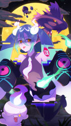 Rule 34 | 1girl, absurdres, bare shoulders, black skirt, black thighhighs, collared shirt, commentary, creatures (company), detached sleeves, drifblim, drifloon, eyelashes, game freak, gen 4 pokemon, gen 5 pokemon, ghost miku (project voltage), green hair, grey shirt, hair between eyes, haruka sawa, hatsune miku, highres, litwick, long hair, looking at viewer, mismagius, moon, necktie, night, nintendo, orange eyes, outdoors, pokemon, pokemon (creature), project voltage, shirt, skirt, sleeves past fingers, sleeves past wrists, thighhighs, tongue, tongue out, twintails, vocaloid, white necktie