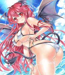 Rule 34 | 1girl, ahoge, artist name, ass, at classics, bikini, blue sky, blush, breasts, closed mouth, cloud, covered erect nipples, day, demon girl, demon tail, demon wings, hair between eyes, hand on own thigh, head wings, koakuma, large breasts, long hair, looking at viewer, outdoors, red eyes, red hair, sample watermark, side-tie bikini bottom, sidelocks, sky, smile, solo, sun, swimsuit, tail, touhou, traditional media, twisted torso, very long hair, water, watermark, white bikini, wings