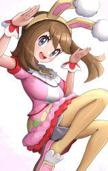 Rule 34 | 1girl, :d, absurdres, blush, breasts, brown hair, commentary request, creatures (company), eyelashes, floating hair, game freak, gonzarez, grey eyes, hairband, hands up, highres, long hair, may (pokemon), may (spring 2021) (pokemon), medium breasts, nintendo, official alternate costume, open mouth, pantyhose, petals, pink footwear, pokemon, pokemon masters ex, rabbit pose, shoes, short sleeves, skirt, smile, solo, teeth, tongue, wrist cuffs, yellow hairband, yellow pantyhose