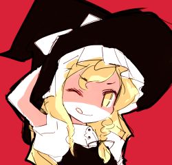Rule 34 | 1girl, ;q, blonde hair, female focus, hat, kirisame marisa, lowres, mota, one eye closed, simple background, sketch, smile, solo, tongue, tongue out, touhou, upper body, wink, witch, witch hat, yellow eyes