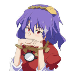 Rule 34 | 1girl, cato (monocatienus), gendou pose, hair ornament, hands clasped, mirror, own hands clasped, own hands together, purple hair, red eyes, rope, shimenawa, solo, sparkle, steepled fingers, touhou, upper body, white background, yasaka kanako