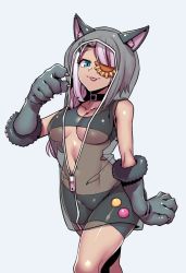 Rule 34 | 1girl, animal ears, animal hands, bike shorts, blue eyes, breasts, choker, cleavage, eyepatch, fake animal ears, flower eyepatch, gloves, higashihara (higashihara channel), indie virtual youtuber, long hair, looking at viewer, navel, paw gloves, simple background, smile, solo, tongue, tongue out, tukiwani, virtual youtuber, white background