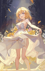Rule 34 | 1girl, :d, akizero1510, alternate costume, backlighting, blonde hair, blue eyes, breasts, clothing cutout, commentary, dress, ear piercing, falling petals, feet out of frame, flower, hair ornament, highres, hololive, hololive english, jewelry, large breasts, leaf, legs, looking at viewer, medium hair, mole, mole on breast, necklace, open mouth, petals, piercing, skirt hold, sleeveless, sleeveless dress, smile, solo, sunflower, symbol-only commentary, thigh strap, virtual youtuber, watson amelia, white dress, white flower, yellow flower