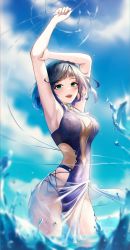 Rule 34 | 1girl, :d, absurdres, arched back, armpits, arms up, bare arms, blue sky, blurry, blurry background, blush, breasts, casual one-piece swimsuit, cleavage, cloud, covered navel, cowboy shot, day, floating hair, genshin impact, gradient hair, green eyes, grey hair, highres, hyin, large breasts, looking at viewer, medium hair, multicolored hair, one-piece swimsuit, open mouth, outdoors, purple hair, purple one-piece swimsuit, sarong, sideboob, sky, smile, solo, standing, summer, swimsuit, wading, yelan (genshin impact)