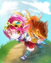 Rule 34 | 1girl, artist name, dragon, dragon tamer tristana, dragon trainer tristana, earrings, feet, fur trim, gauntlets, goggles, goggles on head, grass, jewelry, league of legends, mizoreame, necklace, pink hair, pointy ears, short hair, smile, toes, tristana, yellow eyes, yordle