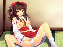 Rule 34 | 1girl, artist request, ascot, bow, breasts, detached sleeves, dress, female focus, hair bow, hakurei reimu, japanese clothes, large breasts, leaning back, miko, panties, red dress, red skirt, ribbon, sarashi, sitting, skirt, socks, solo, spread legs, touhou, underwear, white panties, white socks