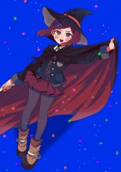 Rule 34 | 1girl, :d, blue background, blush stickers, bong (0u0bon), brown footwear, cape, cape lift, danganronpa (series), danganronpa v3: killing harmony, hair ornament, hand up, hat, highres, jacket, miniskirt, open clothes, open jacket, open mouth, pantyhose, pleated skirt, red cape, red hair, shirt, shoes, short hair, simple background, skirt, smile, solo, witch hat, yumeno himiko