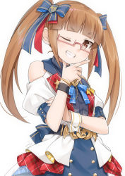 Rule 34 | 1girl, bangle, blue bow, blue dress, blush, bow, bracelet, brown eyes, brown hair, clothing cutout, commentary request, dress, glasses, grin, hair bow, hand on own chin, hand up, idolmaster, idolmaster cinderella girls, ikebukuro akiha, jewelry, long hair, looking at viewer, miri (ago550421), one eye closed, pink-framed eyewear, puffy short sleeves, puffy sleeves, semi-rimless eyewear, shirt, short sleeves, shoulder cutout, simple background, smile, solo, striped, striped bow, twintails, under-rim eyewear, very long hair, white background, white shirt