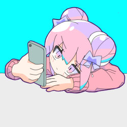 Rule 34 | 1girl, aqua background, arms on table, bow, cellphone, datenshi-chan (nanawo akari), double bun, hair bow, hair bun, head on table, highres, holding, holding phone, indie utaite, instant heaven, kimi (user vppd4758), mob face, nanawo akari, phone, pink eyes, pink hair, pink sweater, pull cord, purple bow, smartphone, solo, sweater, table