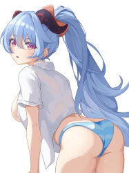 Rule 34 | 1girl, alternate hairstyle, ass, blue hair, breasts, bu weizhuang, commentary request, cowboy shot, ganyu (genshin impact), genshin impact, highres, horns, large breasts, long hair, looking at viewer, open mouth, ponytail, purple eyes, shirt, simple background, solo, standing, striped clothes, swimsuit, thighs, very long hair, white background, white shirt