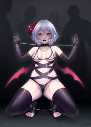 Rule 34 | 1girl, anklet, bare shoulders, black gloves, black thighhighs, blue hair, blush, bondage outfit, breasts, elbow gloves, embodiment of scarlet devil, gloves, hair between eyes, jewelry, jonylaser, medium hair, nipples, open mouth, pointy ears, red eyes, remilia scarlet, restrained, revealing clothes, solo, teeth, thighhighs, toeless legwear, toes, touhou, wings