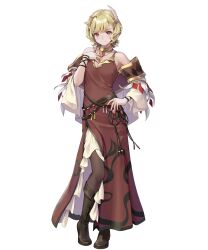 Rule 34 | 1girl, bare shoulders, belt, blonde hair, blush, boots, breasts, capelet, citrinne (fire emblem), closed mouth, dress, feathers, fire emblem, fire emblem engage, fire emblem heroes, full body, gold trim, hair ornament, hand on own chest, hand on own hip, hand up, highres, jewelry, knee boots, long dress, looking at viewer, medium breasts, ne-on, necklace, nintendo, non-web source, official art, pantyhose, purple eyes, short hair, smile, solo, standing, transparent background