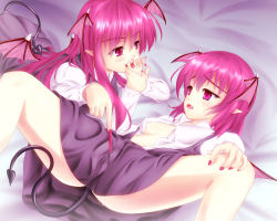 Rule 34 | 2girls, bat wings, breasts, demon tail, dress shirt, dual persona, covered erect nipples, female focus, fingernails, head wings, koakuma, licking, long fingernails, long hair, lying, multiple girls, no bra, on back, open clothes, open shirt, pink hair, pointy ears, red eyes, red hair, selfcest, shirt, spread legs, sweat, tail, embodiment of scarlet devil, touhou, toumin, wings, yuri