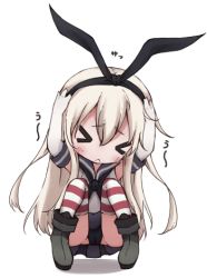 Rule 34 | &gt; &lt;, 10s, 1girl, :&lt;, blush, closed eyes, cowering, full body, hair ornament, itituki, kantai collection, long hair, lowres, panties, pantyshot, pleated skirt, school uniform, serafuku, shimakaze (kancolle), skirt, solo, squatting, striped clothes, striped thighhighs, thighhighs, underwear, upskirt, very long hair, white background, white hair
