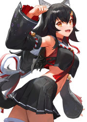 Rule 34 | 1girl, :d, animal ears, arm up, armpits, bare shoulders, black hair, black shirt, black skirt, breasts, choker, cowboy shot, crop top, crop top overhang, detached sleeves, fang, highres, hololive, long hair, long sleeves, looking at viewer, medium breasts, midriff, miniskirt, modare, multicolored hair, navel, ookami mio, ookami mio (1st costume), open mouth, orange eyes, pleated skirt, shirt, simple background, skirt, smile, solo, stomach, streaked hair, tail, thighhighs, very long hair, virtual youtuber, white background, wide sleeves, wolf ears, wolf girl, wolf tail, zettai ryouiki