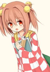 Rule 34 | 1girl, apron, book, hugging book, brown hair, holding, holding book, japanese clothes, kimono, long sleeves, looking at viewer, motoori kosuzu, hugging object, open mouth, red eyes, scroll, smile, solo, touhou, twintails, two side up, wide sleeves, yuuhagi (amaretto-no-natsu)