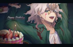 Rule 34 | 1boy, :d, absurdres, aji kosugi, arm up, blood, blue eyes, blurry, blurry background, blurry foreground, cake, candle, chain, character name, collarbone, commentary request, danganronpa (series), danganronpa 2: goodbye despair, depth of field, fire, fire, food, fork, green jacket, grey hair, happy birthday, highres, hood, jacket, komaeda nagito, letterboxed, male focus, messy hair, open clothes, open jacket, open mouth, print shirt, shirt, smile, solo, teeth, upper body, upper teeth only, white hair