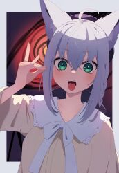 Rule 34 | 1girl, ahoge, animal ears, beret, black headwear, bow, braid, commentary request, cube (cube00), fellatio gesture, fingernails, fox ears, fox girl, fox shadow puppet, green eyes, hair between eyes, hand up, hat, highres, hololive, looking at viewer, shirakami fubuki, shirakami fubuki (street), shirt, sidelocks, tongue, tongue out, upper body, virtual youtuber, white bow, white hair, yellow shirt