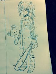 Rule 34 | 1girl, animal print, bad id, bad twitter id, baseball bat, bear print, bow, buttons, commentary request, full body, hair bow, highres, holding, holding baseball bat, holding bat, holding stuffed toy, long sleeves, looking at viewer, monochrome, nail, nail bat, pajamas, sabuko (pooooo), socks, solo, standing, striped clothes, striped legwear, striped socks, stuffed animal, stuffed toy, teddy bear