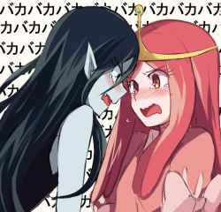 Rule 34 | 2girls, adventure time, animification, aoki shizumi, black hair, blush, couple, eye contact, face-to-face, forehead-to-forehead, heads together, long hair, looking at another, marceline abadeer, multiple girls, open mouth, pink eyes, pink hair, pointy ears, princess bonnibel bubblegum, ribbon, tears, tiara, tsundere, upper body, wavy mouth, yuri