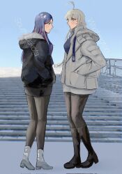 Rule 34 | 2girls, black footwear, black jacket, black pantyhose, black skirt, blue hair, boots, breasts, character name, closed mouth, day, fur-trimmed jacket, fur trim, grey eyes, grey hair, grey jacket, hair between eyes, hands in pockets, highres, hood, hood down, hooded jacket, jacket, kantai collection, large breasts, long hair, long sleeves, multicolored hair, multiple girls, nidou, open mouth, outdoors, pantyhose, red hair, skirt, south dakota (kancolle), stairs, standing, star (symbol), washington (kancolle), white footwear, white hair