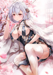 Rule 34 | 1girl, azur lane, blush, braid, breast curtains, breasts, china dress, chinese clothes, dress, flower, garter straps, gloves, hair between eyes, hair ornament, highres, large breasts, looking at viewer, mutang, pelvic curtain, red eyes, revealing clothes, short hair, sirius (azur lane), sirius (azure horizons) (azur lane), solo, thighhighs, white gloves, white hair, white thighhighs