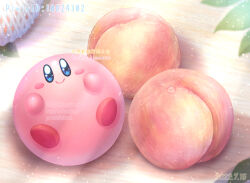 Rule 34 | artist name, blue eyes, blush, blush stickers, closed mouth, commentary request, dated, food, fruit, kirby, kirby (series), kumaoka pon, leaf, light particles, light rays, looking at viewer, nintendo, no humans, peach, pixiv id, smile, solo, star (symbol), star in eye, symbol in eye, twitter username, watermark