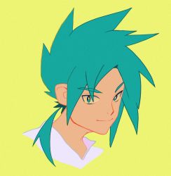 Rule 34 | 1boy, aqua eyes, aqua hair, ashleigh hetrick, blouse, blue-haired boy (how to draw manga), closed mouth, derivative work, flat color, forehead, highres, how to draw manga, how to draw manga redraw challenge (meme), long hair, looking at viewer, male focus, matching hair/eyes, meme, ponytail, portrait, shirt, simple background, sketch, solo, upper body, v-shaped eyebrows, white shirt, yellow background