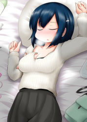 Rule 34 | 1girl, bag, black bra, blouse, blue hair, blush, bottle, bra, breasts, breath, cleavage, closed eyes, drunk, egg vibrator, kantai collection, lying, medium breasts, medium hair, on back, ouno (nounai disintegration), parted lips, remote control vibrator, sex toy, shirt, skirt, sleeping, solo, souryuu (kancolle), sweater, syringe, torn clothes, torn sweater, underwear, vibrator, white sweater, wine bottle